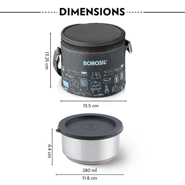 Borosil Stainlesss Steel Insulated Lunch Box 2*280ml dimensions