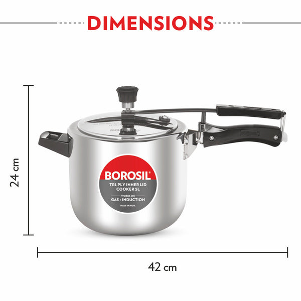 Borosil Stainless Steel Triply Inner Lid Cooker 5ltr dimensions