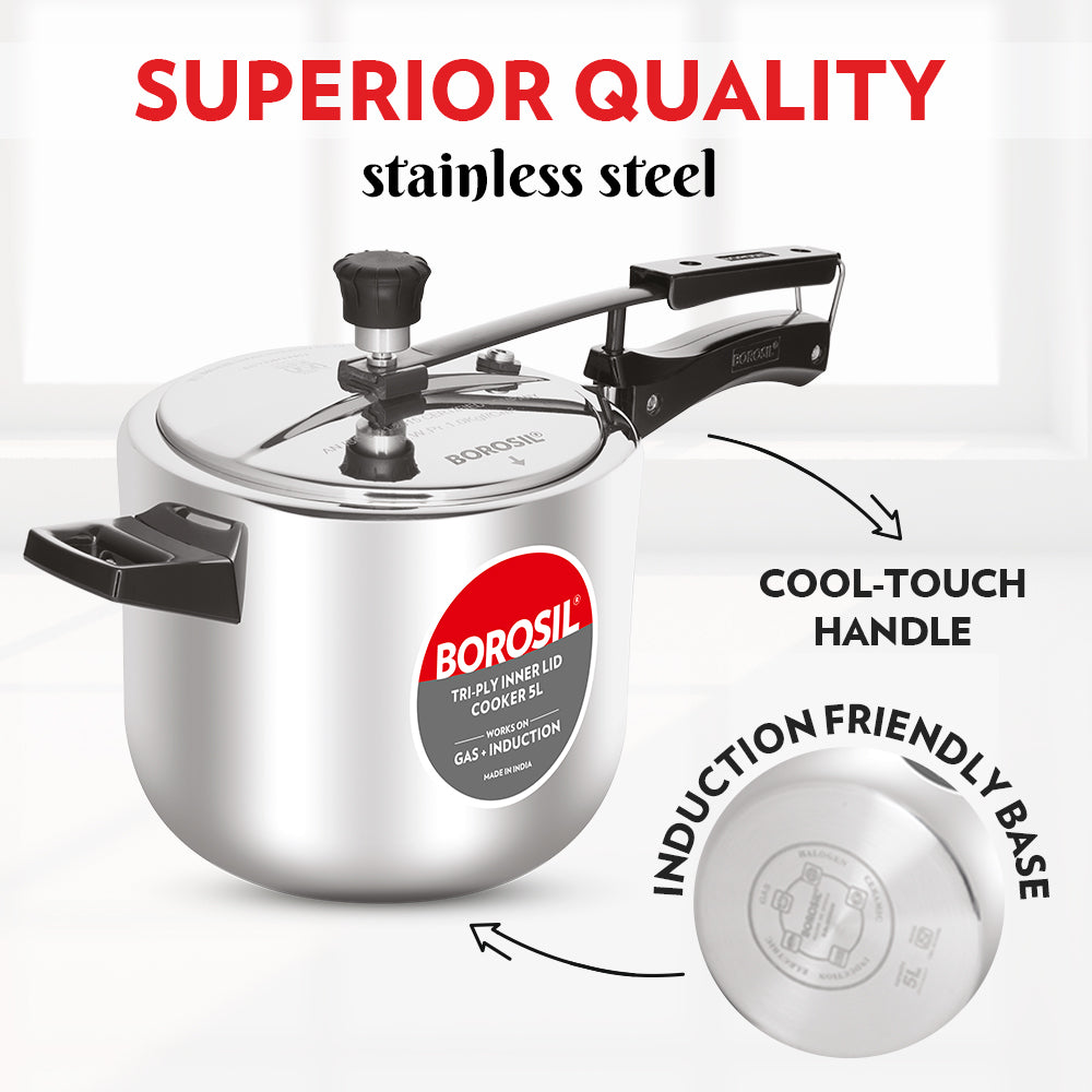 BOROSIL STAINLESS STEEL TRIPLY INNER LID COOKER 5LTR