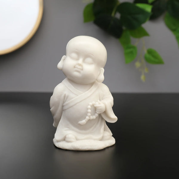 NAQSH MONK WITH MALA IN LEFT HAND, POLYRESIN HAND FINISHED FIGURINE WHITE BY LIVNG ESSENCE dimensions