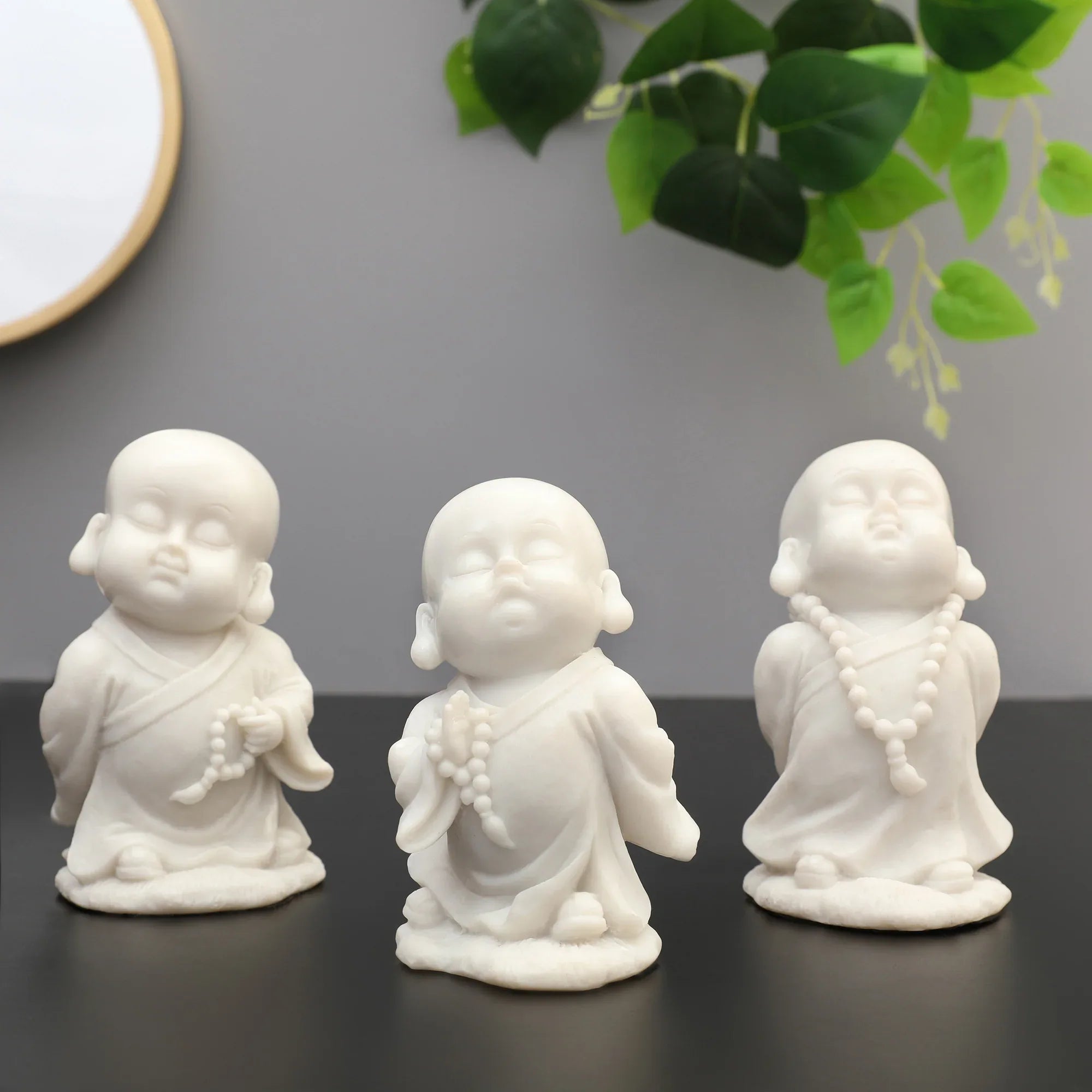 NAQSH MONK WITH MALA IN RIGHT HAND, POLYRESIN HAND FINISHED FIGURINE WHITE BY LIVNG ESSENCE - HomeTown