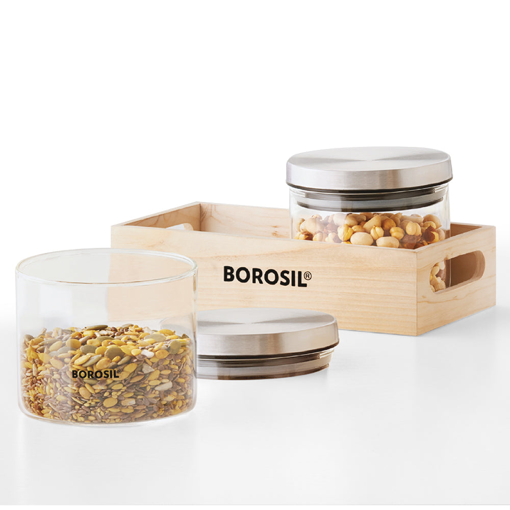BOROSIL CLASSIC JAR 300ML & 2 PCS WITH WOODEN TRAY