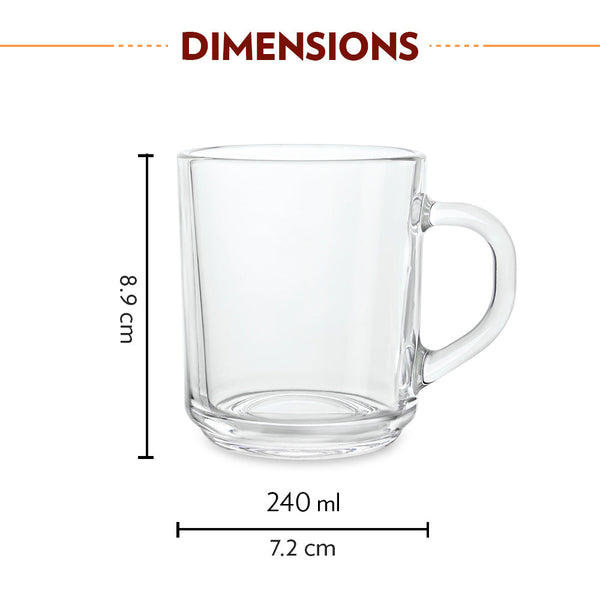 Borosil Latte Plain Coffee Mug 240ml | 6 Pcs Set dimensions