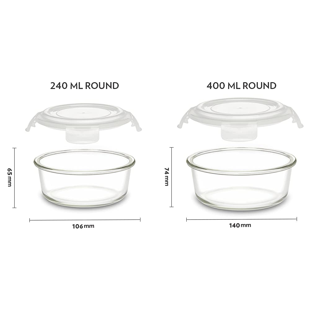 BOROSIL ROUND KLIP AND STORE CONTAINER SET OF 2PCS 240 ML + 400 ML