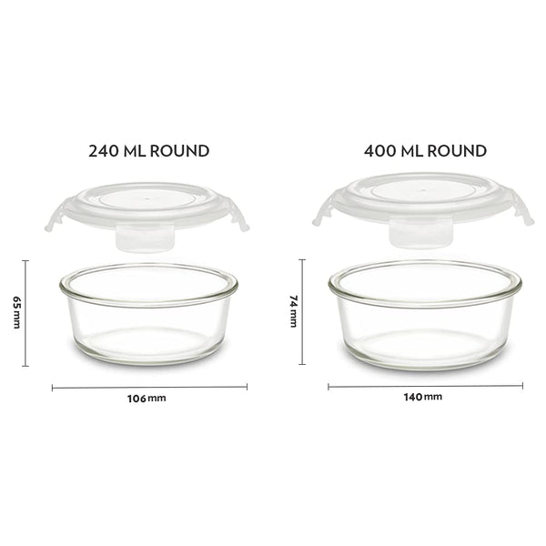 Borosil Round Klip and Store Container Set of 2pcs (240 Ml + 400 Ml) dimensions