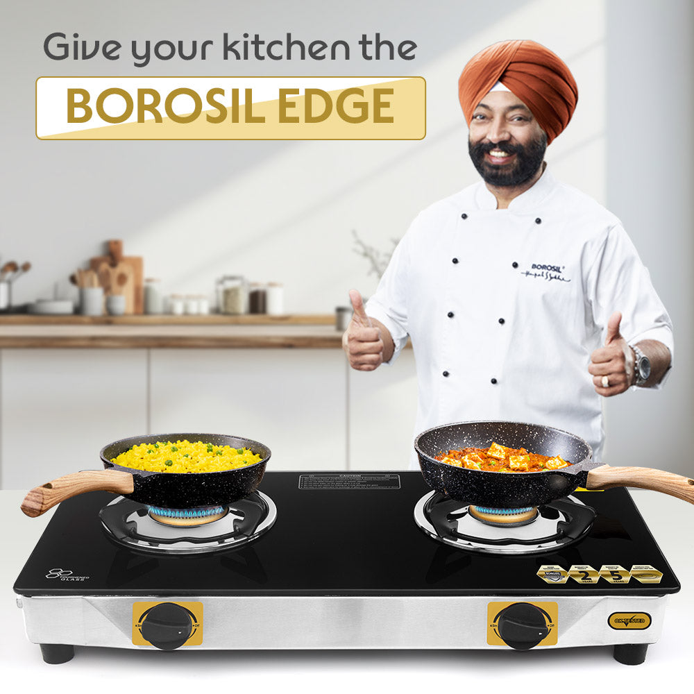 BOROSIL BLAZE 2 BURNER GAS STOVE 6MM TOUGHENED GLASSTOP