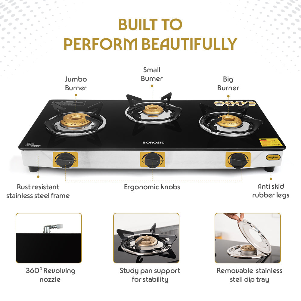 BOROSIL BLAZE 3 BURNER GAS STOVE 6MM TOUGHENED GLASSTOP