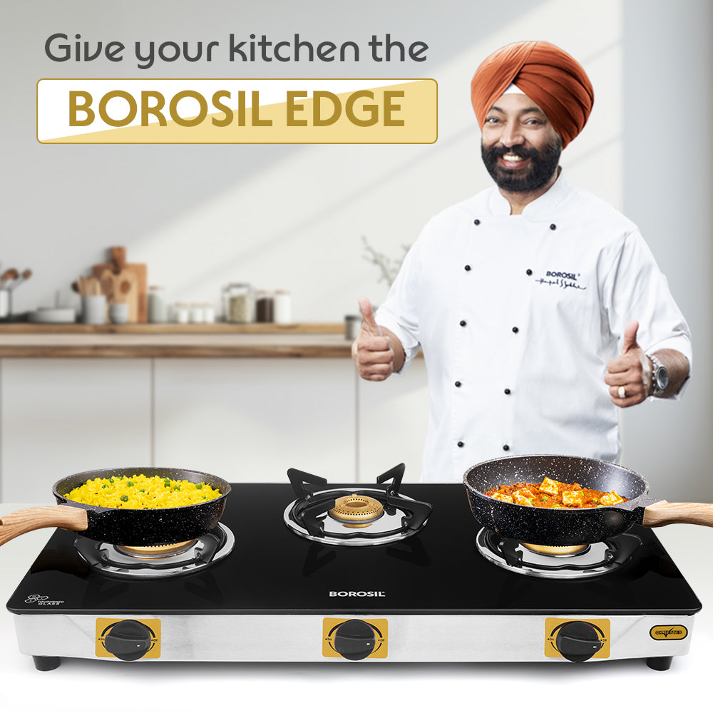 BOROSIL BLAZE 3 BURNER GAS STOVE 6MM TOUGHENED GLASSTOP