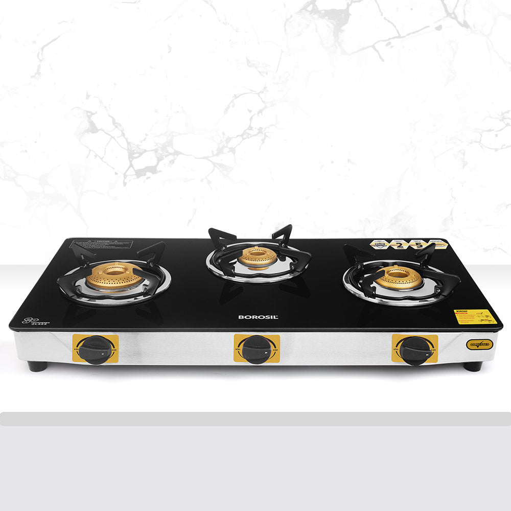 BOROSIL BLAZE 3 BURNER GAS STOVE 6MM TOUGHENED GLASSTOP