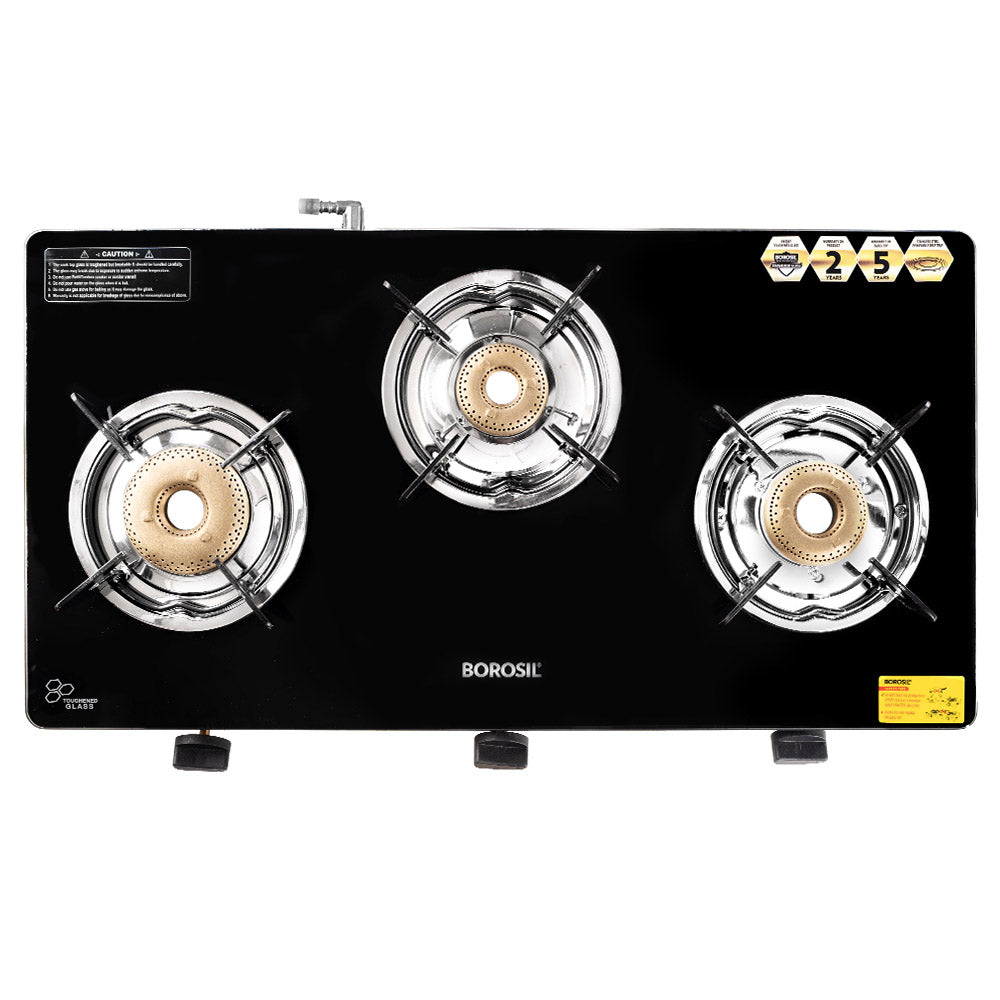 BOROSIL BLAZE 3 BURNER GAS STOVE 6MM TOUGHENED GLASSTOP