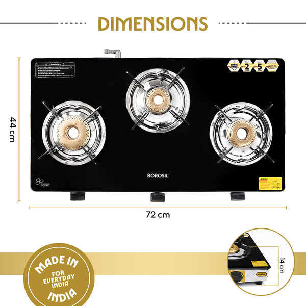 Borosil Blaze 3 Burner Gas Stove Toughened Glasstop dimensions