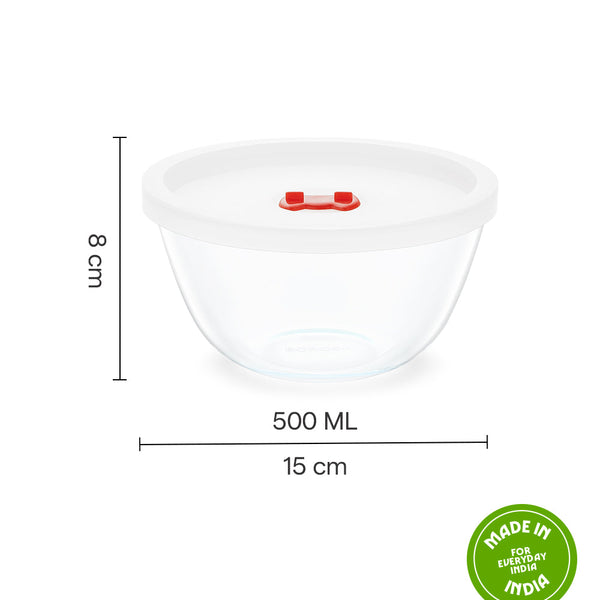 Borosil Mixing Bowl with Lid Round 550ml dimensions