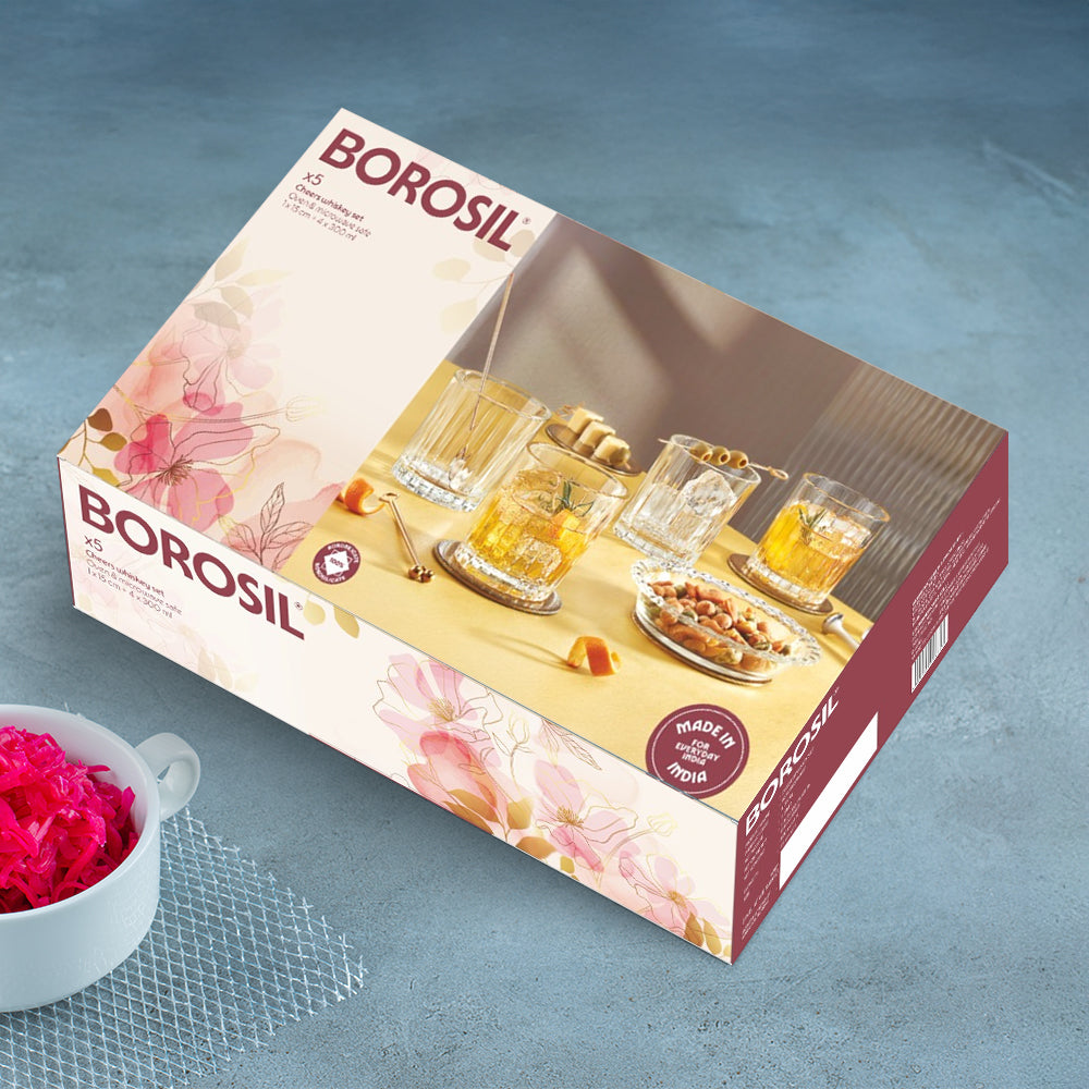 Borosil Whisky Glass 4pc 300ml & Plate 1pc
