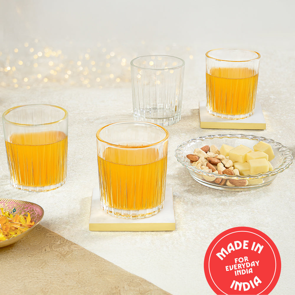 BOROSIL WHISKY GLASS 4PC 300ML N PLATE 1PC 15CM