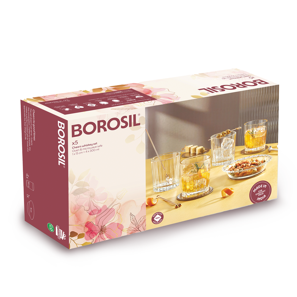 BOROSIL WHISKY GLASS 4PC 300ML N PLATE 1PC 15CM