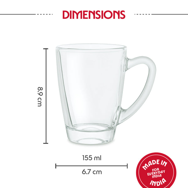 Borosil Serene Plain Tea Mug 155ml | 6 Pcs Set dimensions