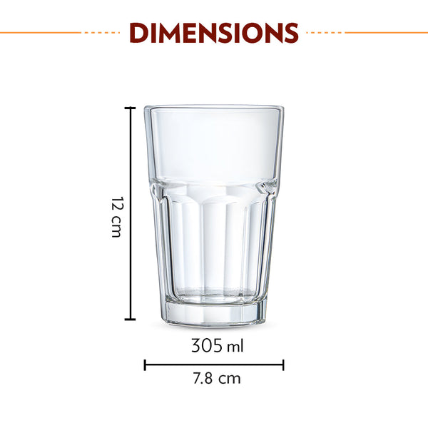 Borosil Crest Glass Tumbler 350ml | 6 Pcs Set dimensions