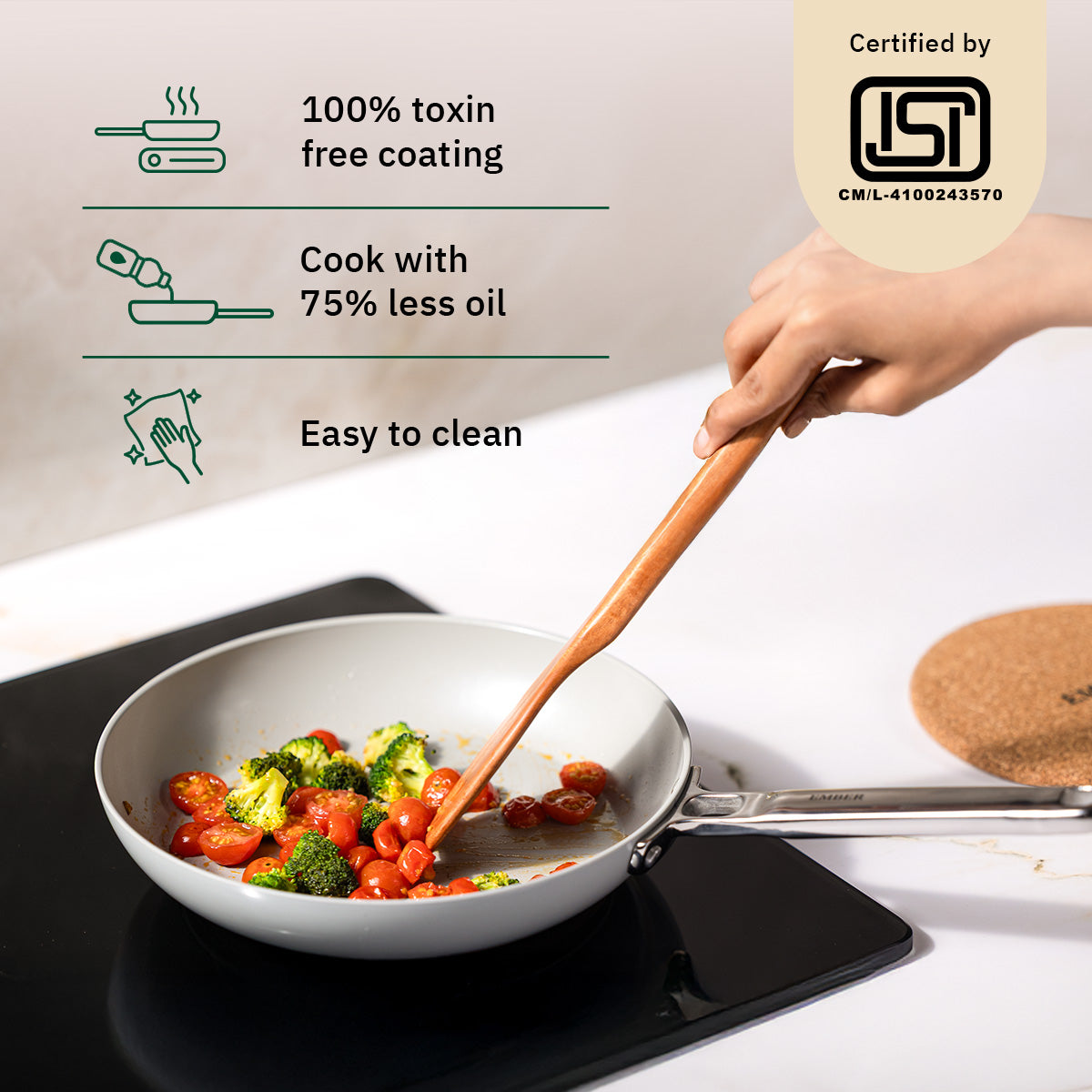 Ember Cookware Arcilla Ceramic Frying Pan 24cm | Non Stick Cookware | Non Toxic Pan | ISI Certified | Ceramic Fry Pan for Cooking | Steel Handle | PFAS & PTFE Free| 5-Year Warranty | Grey