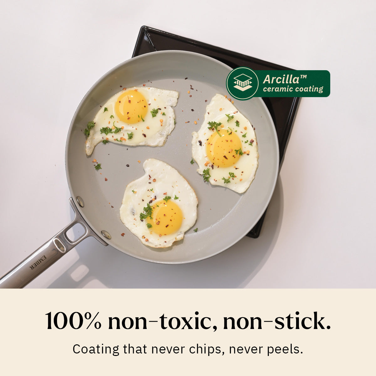 Ember Cookware Arcilla Ceramic Frying Pan 24cm | Non Stick Cookware | Non Toxic Pan | ISI Certified | Ceramic Fry Pan for Cooking | Steel Handle | PFAS & PTFE Free| 5-Year Warranty | Grey
