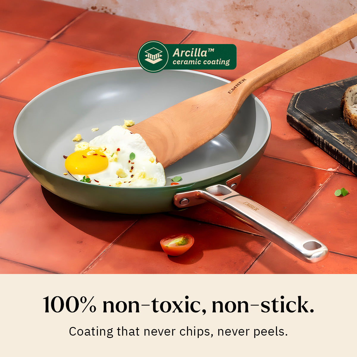 Ember Cookware Arcilla Ceramic Frying Pan 24cm | Non Stick Cookware | Non Toxic Pan | ISI Certified | Ceramic Fry Pan for Cooking | Steel Handle | PFAS & PTFE Free| 5-Year Warranty |Green