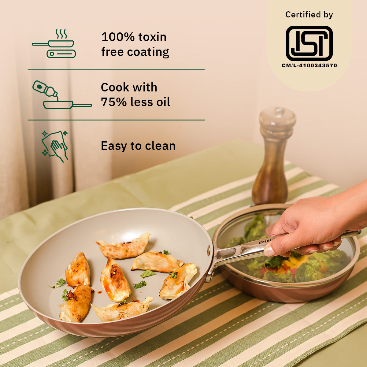 Ember Cookware Arcilla Ceramic Frying Pan 24cm | Non Stick Cookware | Non Toxic Pan | ISI Certified | Ceramic Fry Pan for Cooking | Steel Handle | PFAS PTFE Free | 5-Year Warranty | Terracotta