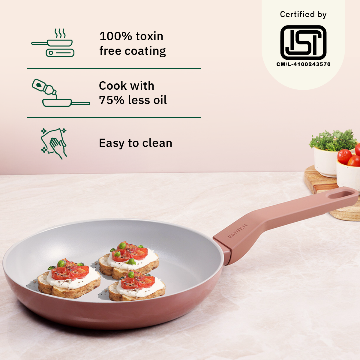 Ember Cookware Arcilla Ceramic Frying Pan 24cm | Non Stick Cookware | Non Toxic Pan | ISI Certified | Ceramic Fry Pan for Cooking | PFAS & PTFE Free | 5-Year Warranty | Terracotta
