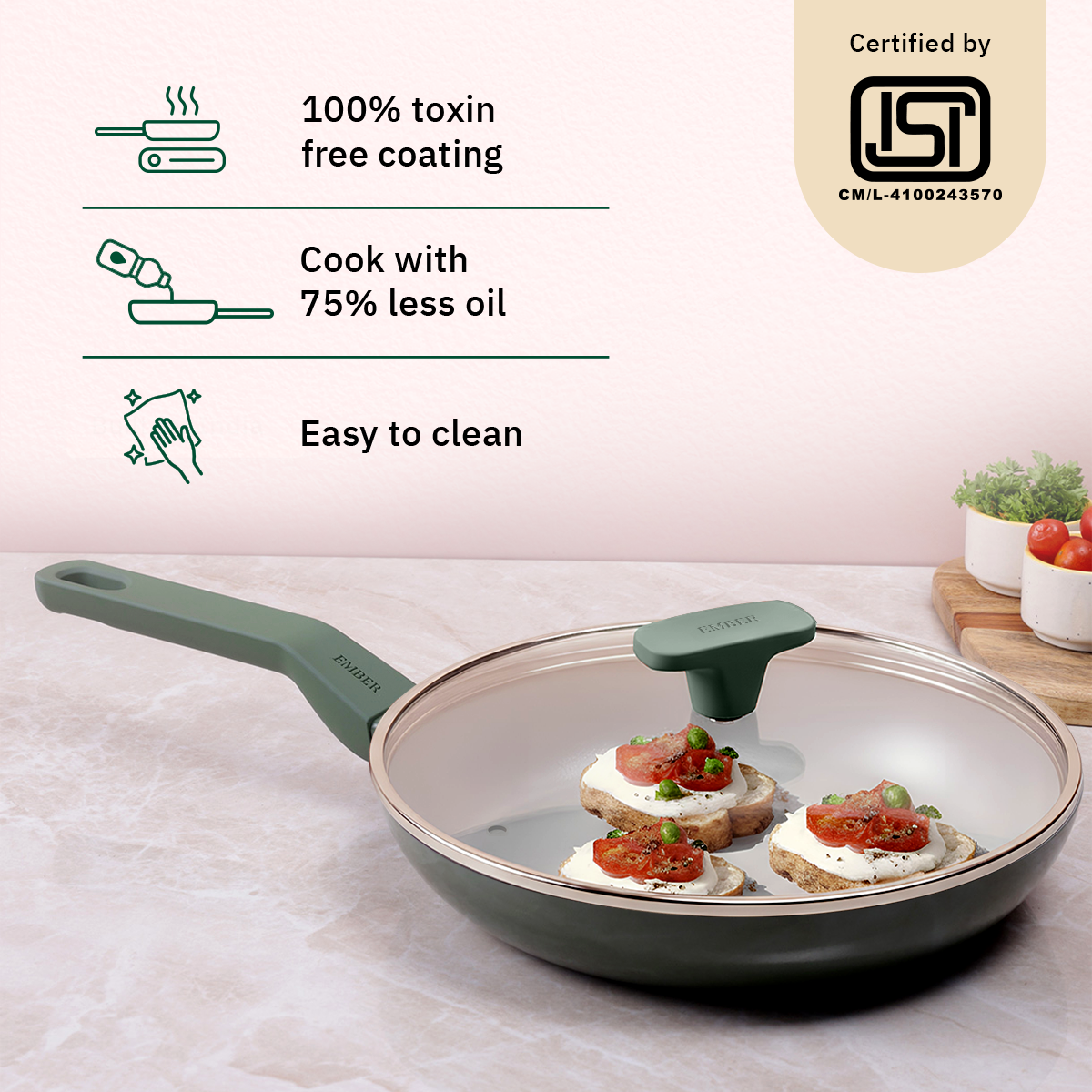 Ember Cookware Arcilla Ceramic Frying Pan 24cm | Non Stick Cookware | Non Toxic Pan with Glass Lid | ISI Certified | Ceramic Fry Pan for Cooking | PFAS PTFE Free | 5-Year Warranty | Green