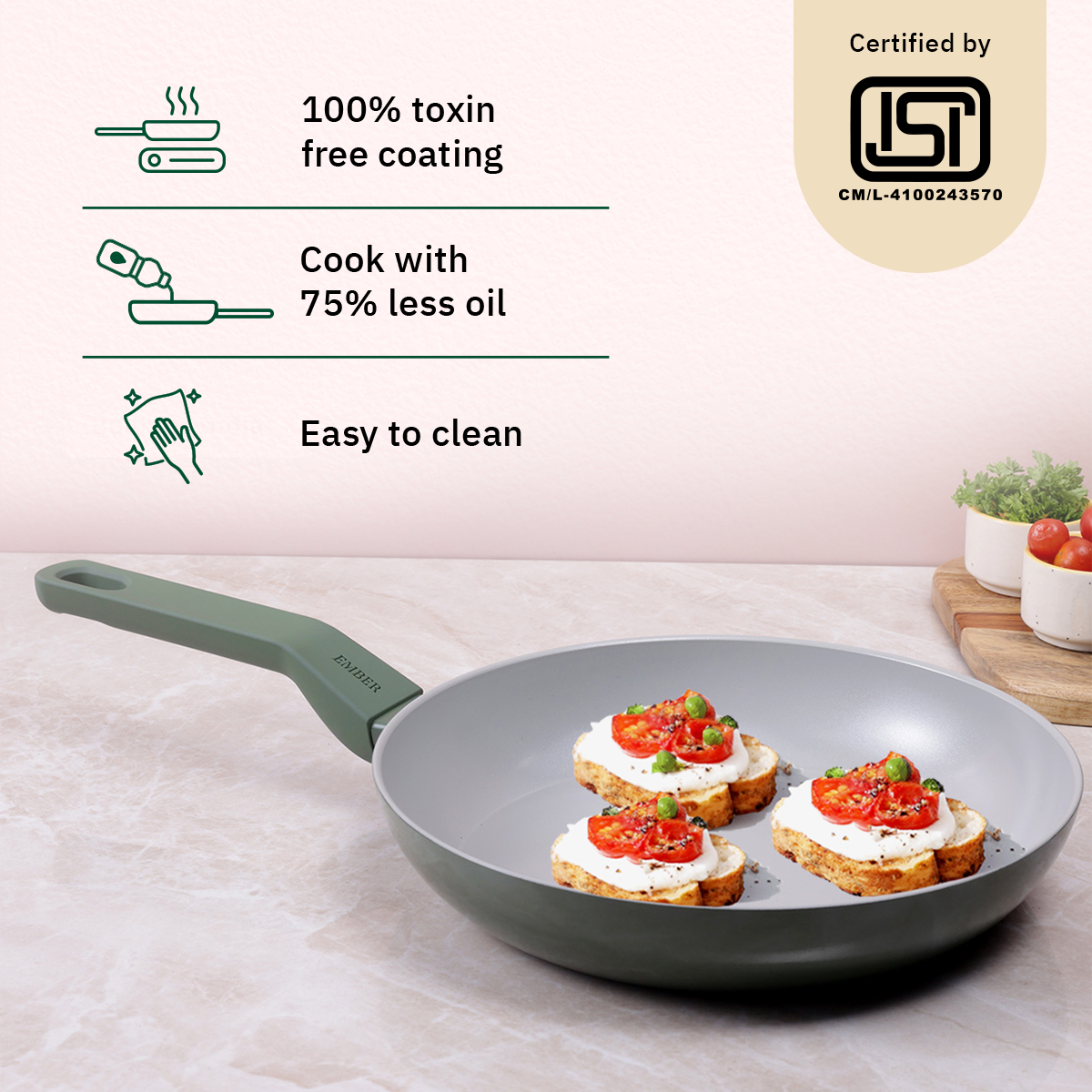 Ember Cookware Arcilla Ceramic Frying Pan 24cm | Non Stick Cookware | Non Toxic Pan with Glass Lid | ISI Certified | Ceramic Fry Pan for Cooking | PFAS PTFE Free | 5-Year Warranty | Green
