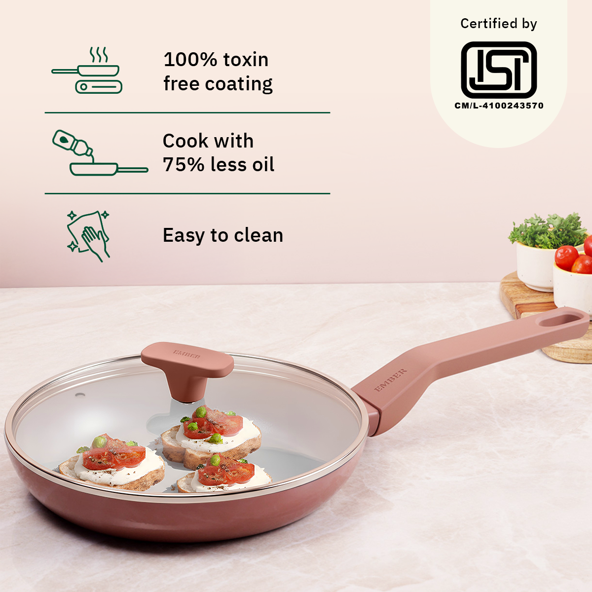 Ember Cookware Arcilla Ceramic Frying Pan 24cm | Non Stick Cookware | Non Toxic Pan | Glass Lid | ISI Certified | Ceramic Fry Pan for Cooking |PFAS PTFE Free| 5-Year Warranty | Terracotta