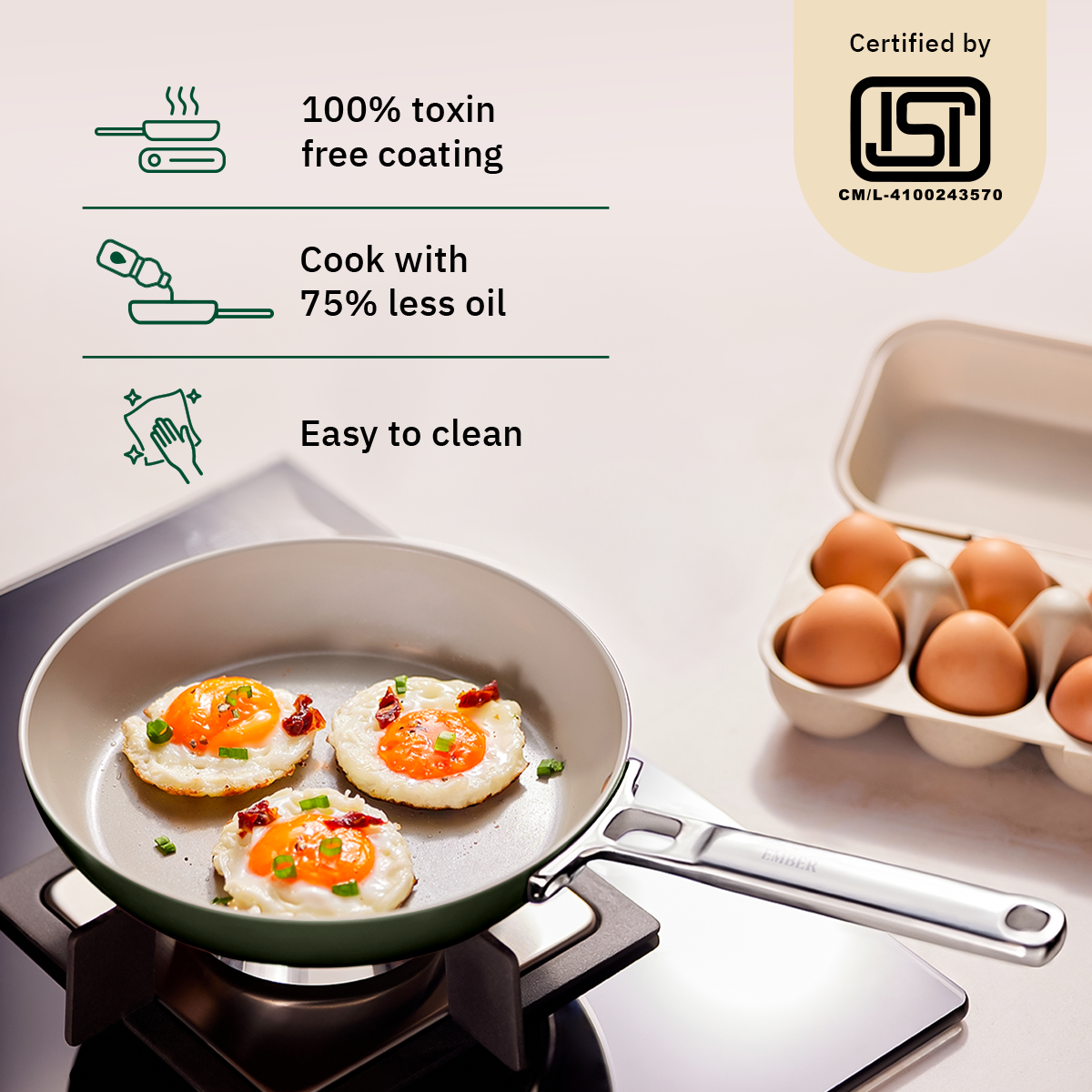 Ember Cookware Arcilla Ceramic Frying Pan 20cm with Glass Lid | Non Stick Non Toxic Cookware | ISI Certified | Egg & Omelette Pan | Steel Handle | PFAS & PTFE Free | 5-Year Warranty | Green