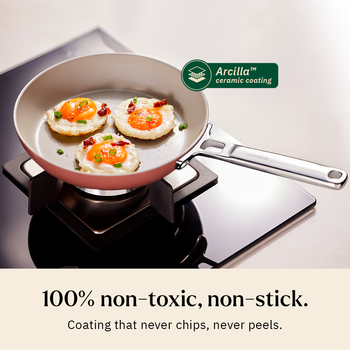 Ember Cookware Arcilla Ceramic Frying Pan 20cm with Glass Lid | Non Stick Non Toxic Cookware | ISI Certified | Egg & Omelette Pan | Steel Handle | PFAS & PTFE Free | 5-Year Warranty | Terracotta