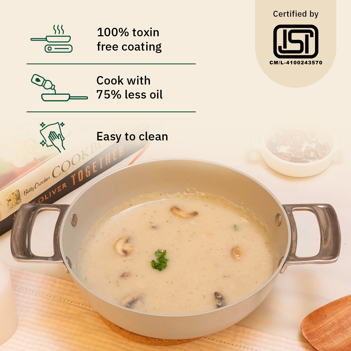Ember Cookware Arcilla Ceramic Kadai 24cm | 2.6 Litre Non Stick Non Toxic Kadai with Metallic Lid | ISI Certified | Ceramic Kadai For Cooking | Steel Handle | PFAS & PTFE Free | 5-Year Warranty | Grey