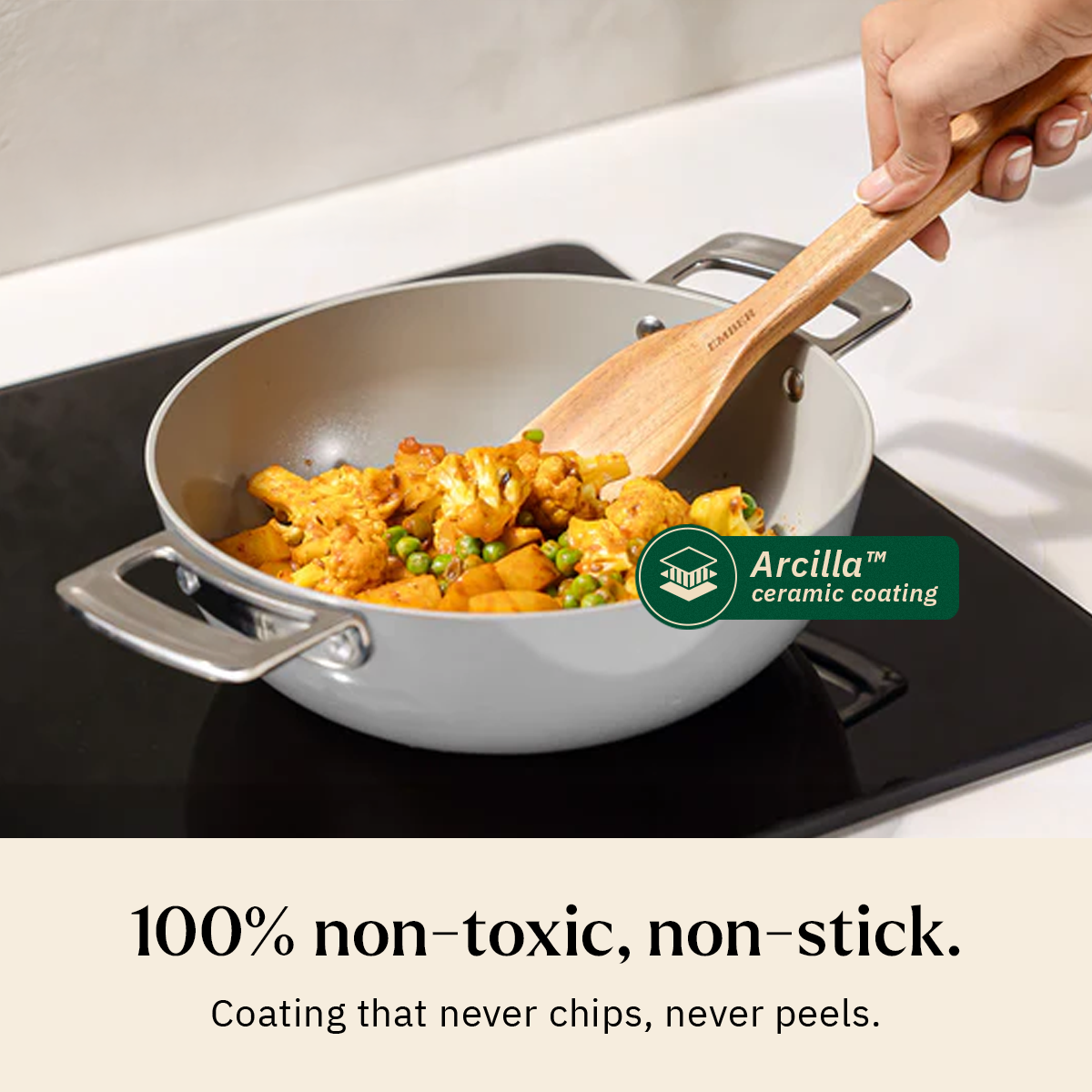 Ember Cookware Arcilla Ceramic Kadai 24cm | 2.6 Litre Non Stick Non Toxic Kadai with Metallic Lid | ISI Certified | Ceramic Kadai For Cooking | Steel Handle | PFAS & PTFE Free | 5-Year Warranty | Grey