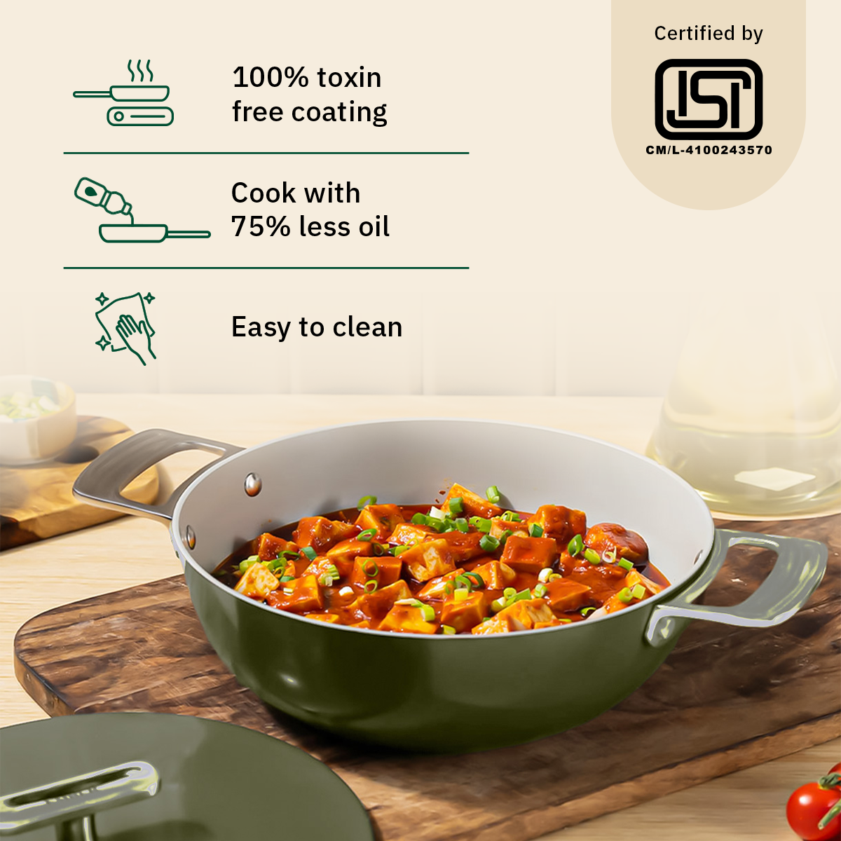 Ember Cookware Arcilla Ceramic Kadai 24cm | 2.6 Litre Non Stick Non Toxic Kadai with Metallic Lid | ISI Certified | Ceramic Kadai For Cooking | Steel Handle | PFAS & PTFE Free| 5-Year Warranty | Green
