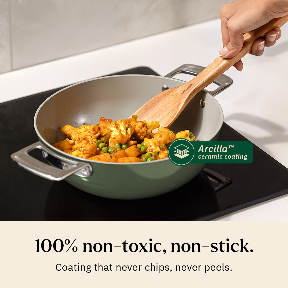 Ember Cookware Arcilla Ceramic Kadai 24cm | 2.6 Litre Non Stick Non Toxic Kadai with Metallic Lid | ISI Certified | Ceramic Kadai For Cooking | Steel Handle | PFAS & PTFE Free| 5-Year Warranty | Green