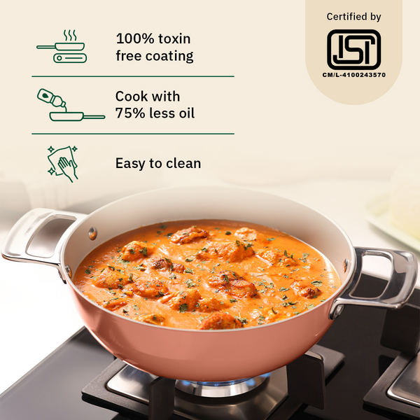 Ember Cookware Arcilla Ceramic Kadai | 2.6 Litre Non Stick Non Toxic Kadai | Metallic Lid | Isi Certified | Ceramic Kadai for Cooking | Terracotta dimensions