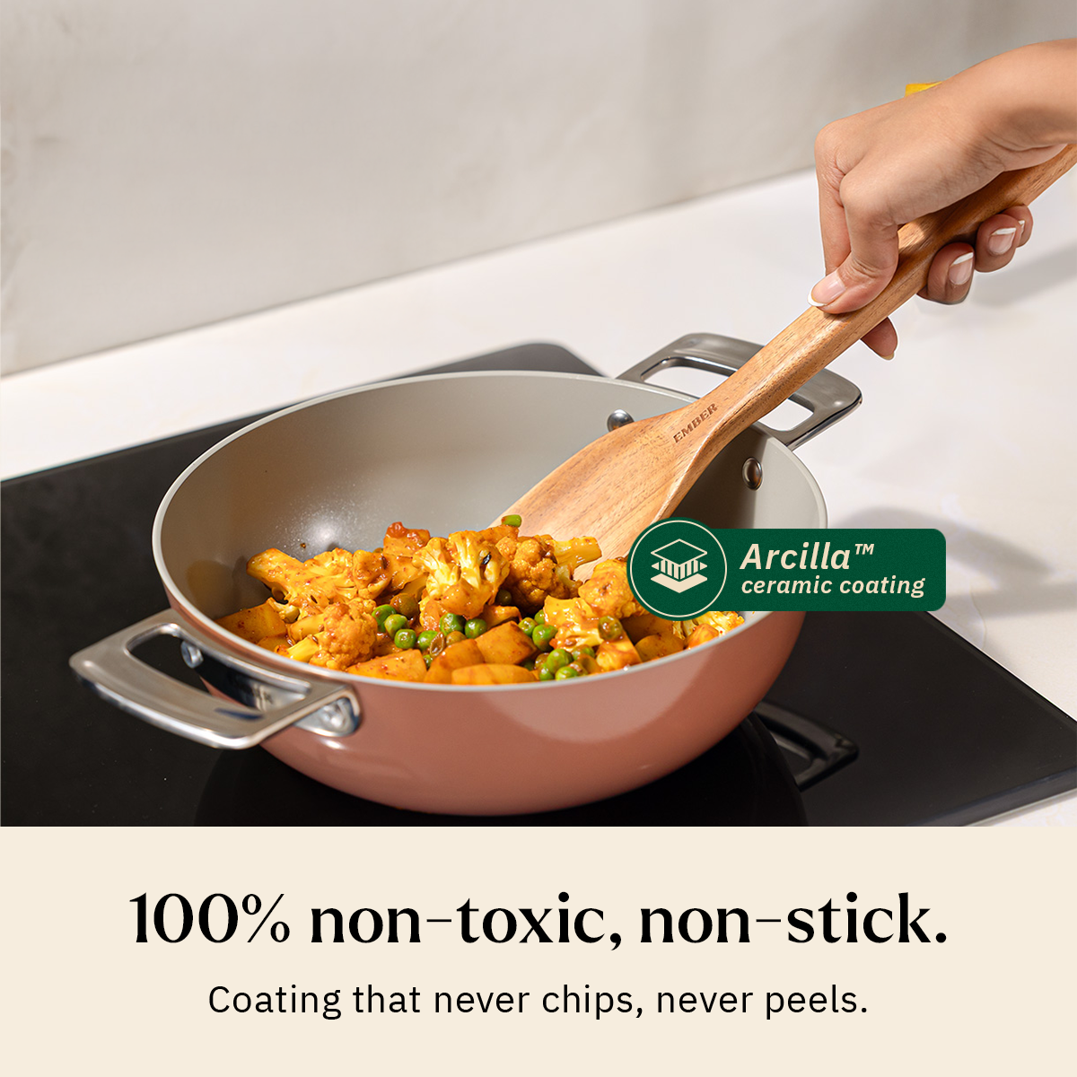 Ember Cookware Arcilla Ceramic Kadai 24cm | 2.6 Litre Non Stick Non Toxic Kadai | Metallic Lid | ISI Certified | Ceramic Kadai For Cooking | Steel Handle | PFAS PTFE Free| 5-Year Warranty | Terracotta