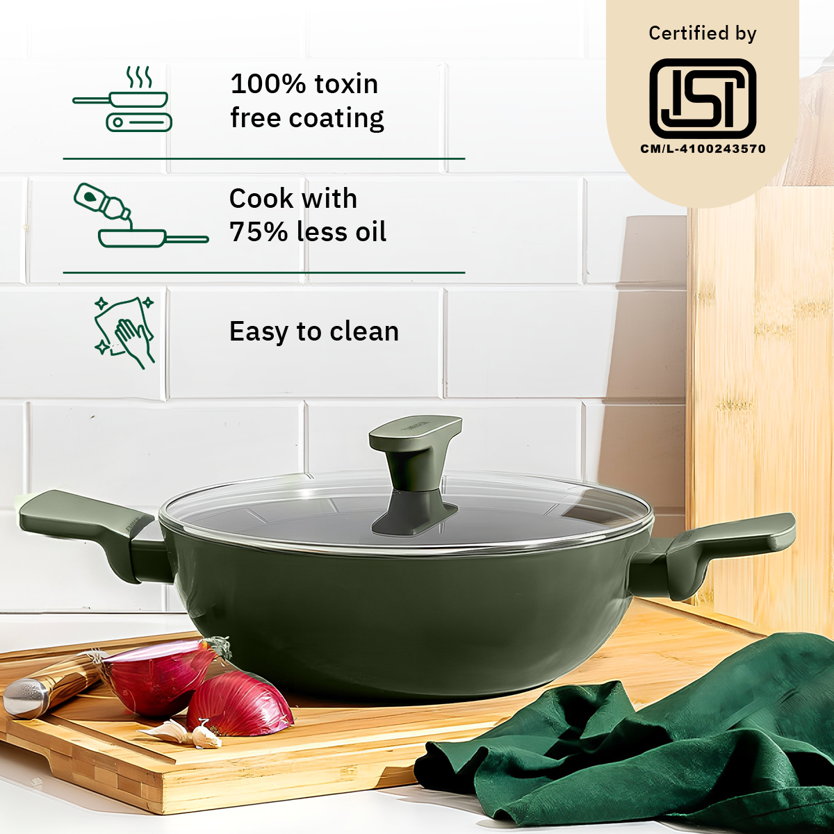 Ember Cookware Arcilla Ceramic Kadai 24cm | 2.6 Litre Non Stick Non Toxic Kadai with Glass Lid | ISI Certified | Ceramic Kadai For Cooking | PFAS & PTFE Free | 5-Year Warranty | Green