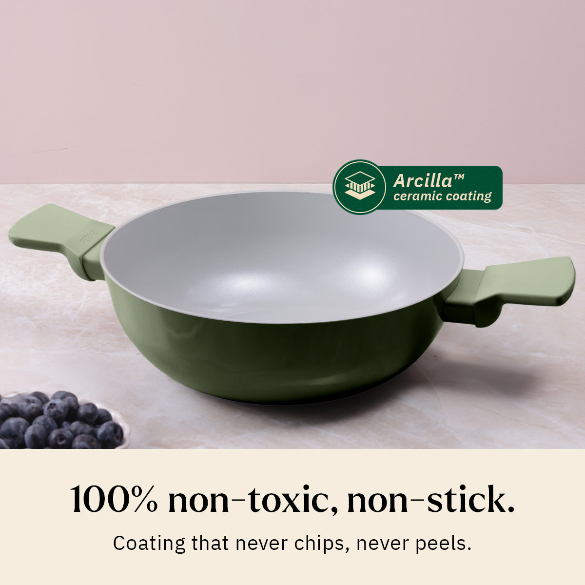Ember Cookware Arcilla Ceramic Kadai 24cm | 2.6 Litre Non Stick Non Toxic Kadai with Glass Lid | ISI Certified | Ceramic Kadai For Cooking | PFAS & PTFE Free | 5-Year Warranty | Green