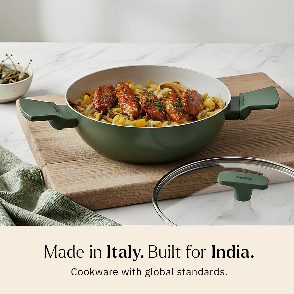 Ember Cookware Arcilla Ceramic Kadai 24cm | 2.6 Litre Non Stick Non Toxic Kadai with Glass Lid | ISI Certified | Ceramic Kadai For Cooking | PFAS & PTFE Free | 5-Year Warranty | Green
