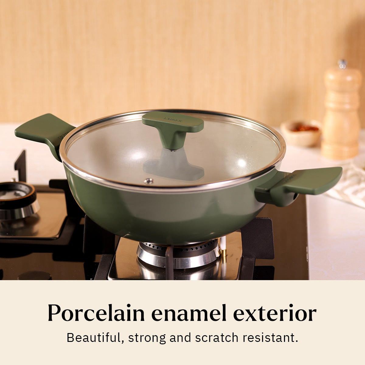 Ember Cookware Arcilla Ceramic Kadai 24cm | 2.6 Litre Non Stick Non Toxic Kadai with Glass Lid | ISI Certified | Ceramic Kadai For Cooking | PFAS & PTFE Free | 5-Year Warranty | Green