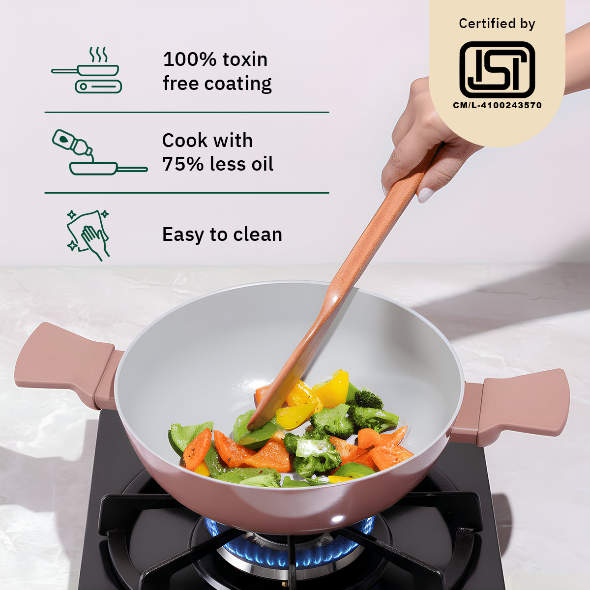 Ember Cookware Arcilla Ceramic Kadai | 2.6 Litre Non Stick Non Toxic Kadai with Glass Lid | Isi Certified | Ceramic Kadai for Cooking | Terracotta