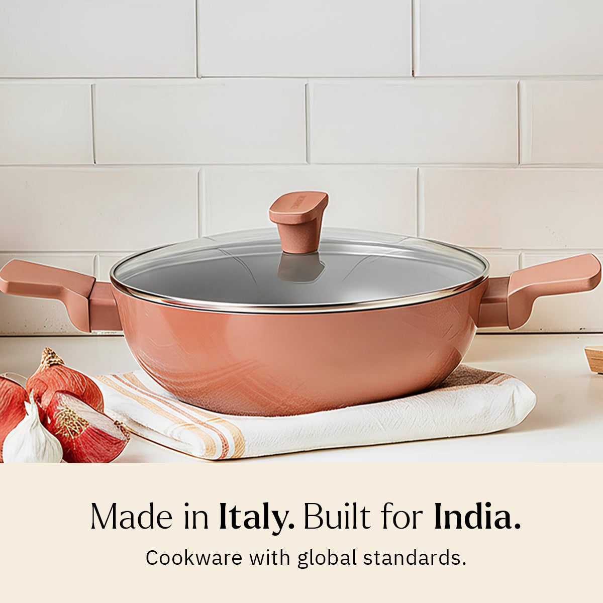 Ember Cookware Arcilla Ceramic Kadai 24cm | 2.6 Litre Non Stick Non Toxic Kadai with Glass Lid | ISI Certified | Ceramic Kadai For Cooking | PFAS & PTFE Free| 5-Year Warranty | Terracotta