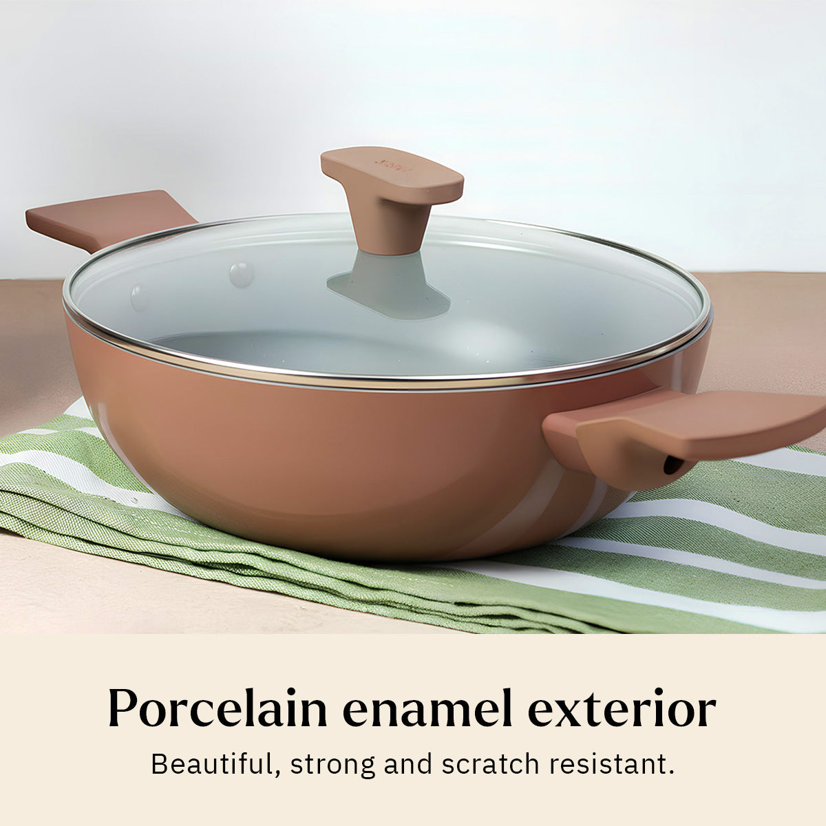 Ember Cookware Arcilla Ceramic Kadai 24cm | 2.6 Litre Non Stick Non Toxic Kadai with Glass Lid | ISI Certified | Ceramic Kadai For Cooking | PFAS & PTFE Free| 5-Year Warranty | Terracotta