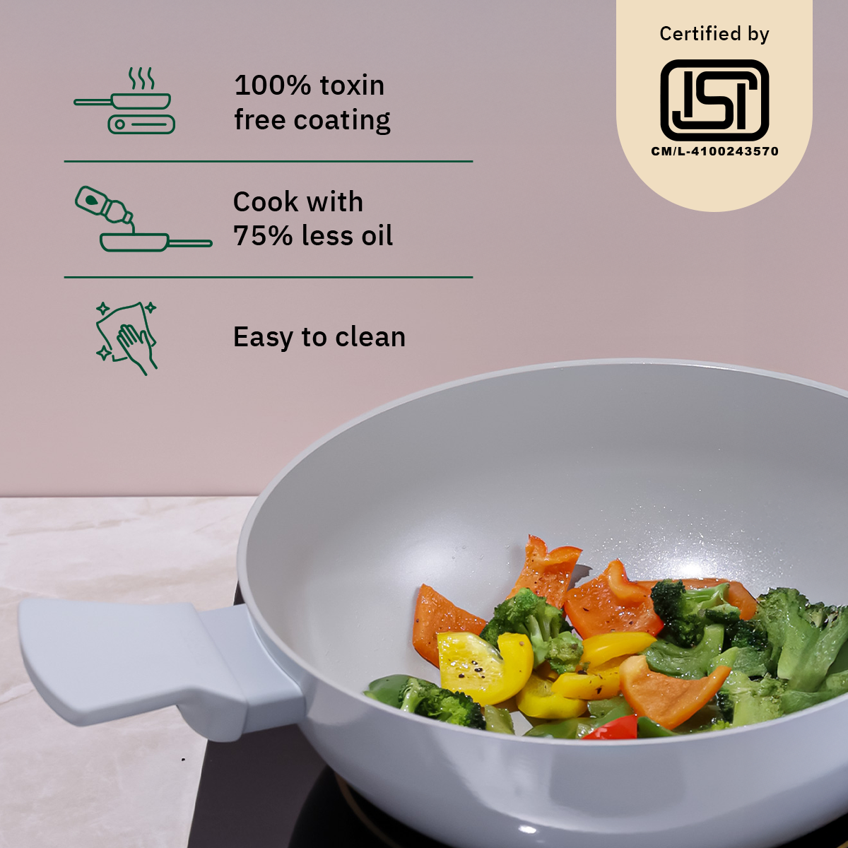Ember Cookware Arcilla Ceramic Kadai | 2.6 Litre Non Stick Non Toxic Kadai with Metallic Lid | Isi Certified | Ceramic Kadai for Cooking | Grey