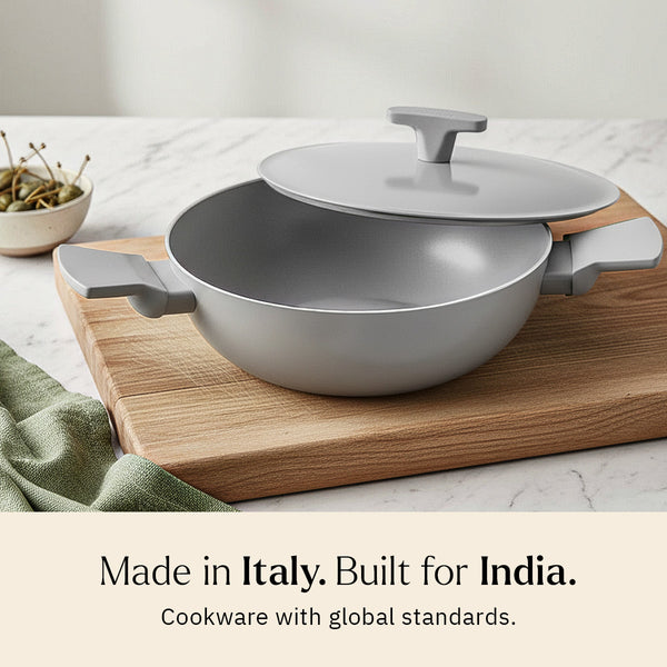 Ember Cookware Arcilla Ceramic Kadai | 2.6 Litre Non Stick Non Toxic Kadai with Metallic Lid | Isi Certified | Ceramic Kadai for Cooking | Grey dimensions