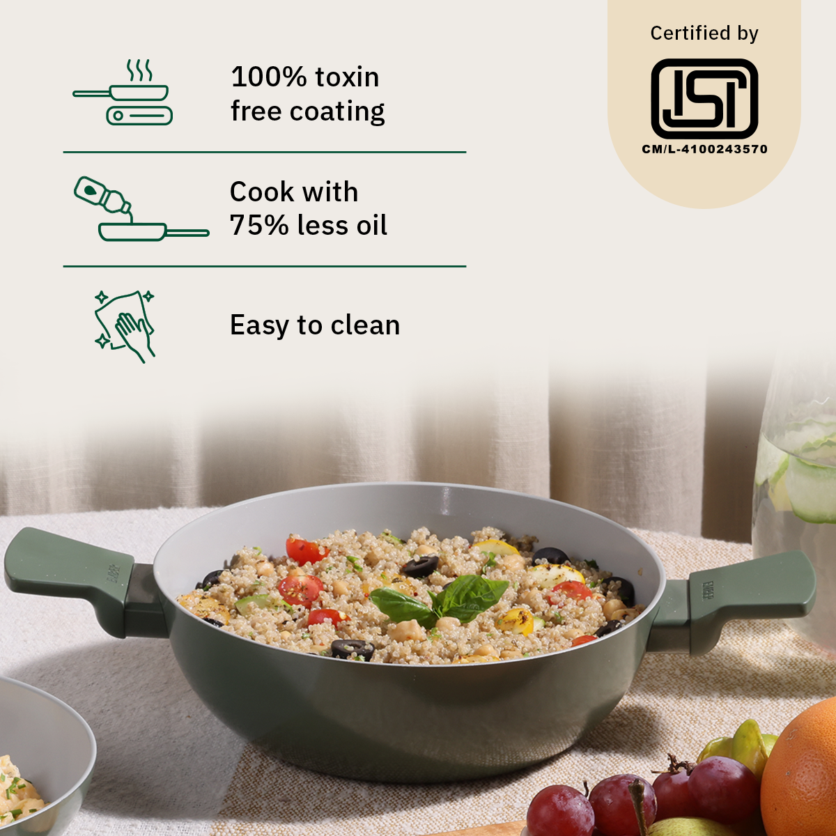 Ember Cookware Arcilla Ceramic Kadai | 2.6 Litre Non Stick Non Toxic Kadai with Metallic Lid | Isi Certified | Ceramic Kadai for Cooking | Green