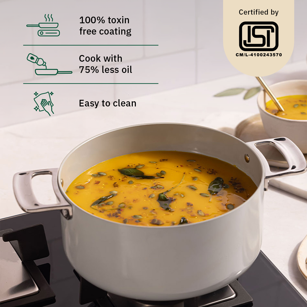 Ember Cookware Arcilla Ceramic Dutch Oven 24cm | 5 Litre Non Stick Non Toxic Pot with Lid | ISI Certified | Ceramic Cookware | Biryani Pot | Steel Handle | PFAS & PTFE Free | 5-Year Warranty | Grey
