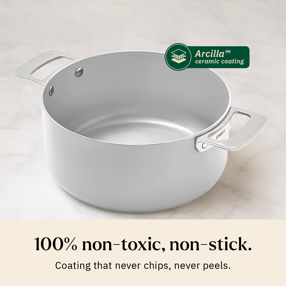 Ember Cookware Arcilla Ceramic Dutch Oven 24cm | 5 Litre Non Stick Non Toxic Pot with Lid | ISI Certified | Ceramic Cookware | Biryani Pot | Steel Handle | PFAS & PTFE Free | 5-Year Warranty | Grey