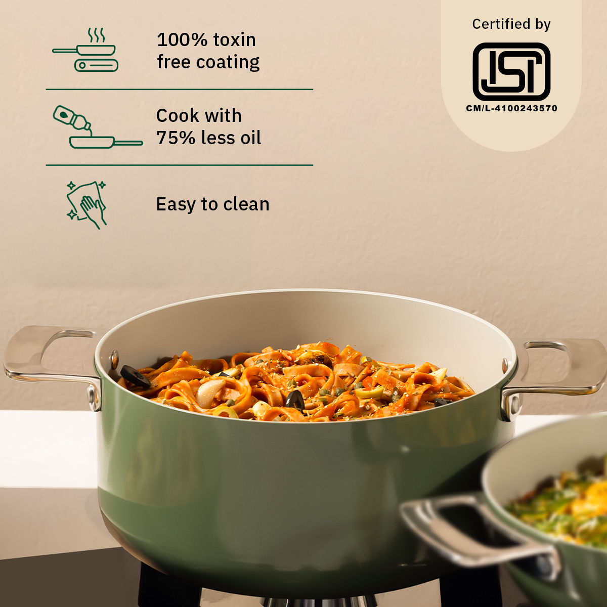 Ember Cookware Arcilla Ceramic Dutch Oven 24cm | 5 Litre Non Stick Non Toxic Pot with Lid | ISI Certified | Ceramic Cookware | Biryani Pot | Steel Handle | PFAS & PTFE Free | 5-Year Warranty | Green